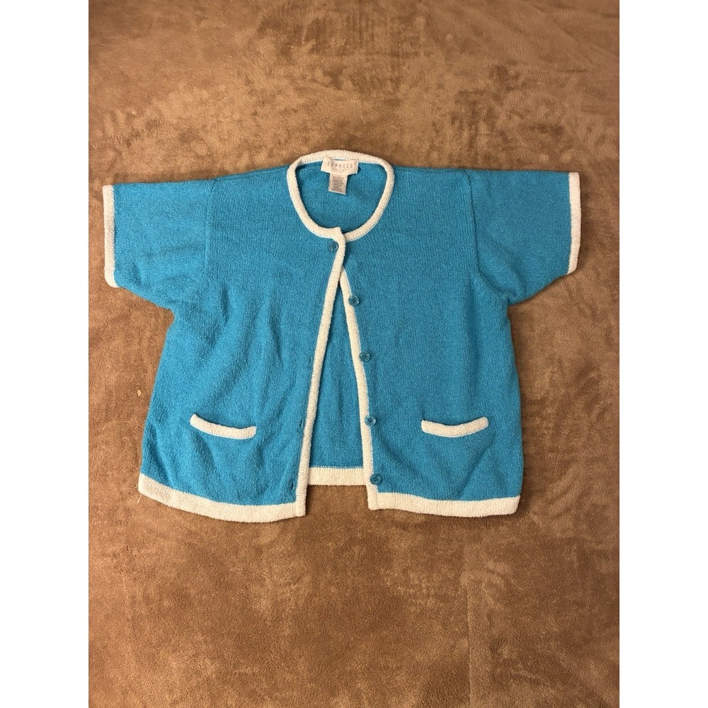 VTG Express Tricot Womens Sweater Medium Turquoise Blue Boucle Knit Cardigan 90s
